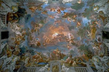 Camillus bricht den Vertrag mit Brenno und die Allegorien des Ruhms (Decke der Eingangshalle, Galleria Borghese)